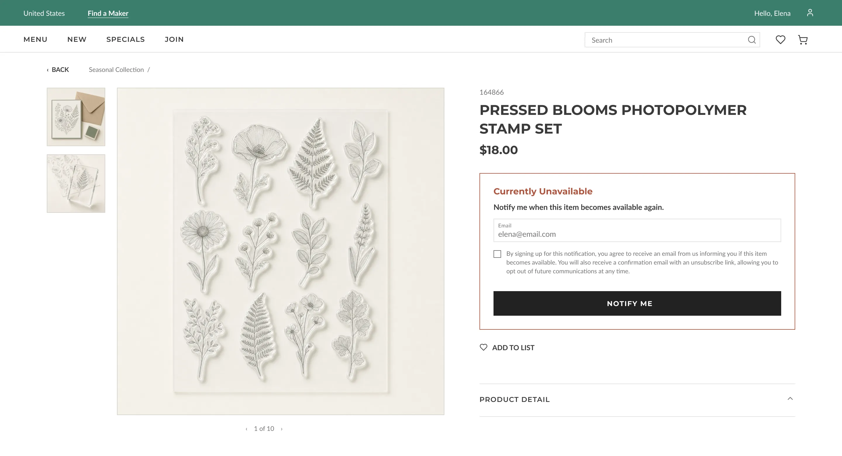 Product page for a sold-out item, with an email field, a consent checkbox and a Notify Me button where Add to Cart would normally be.