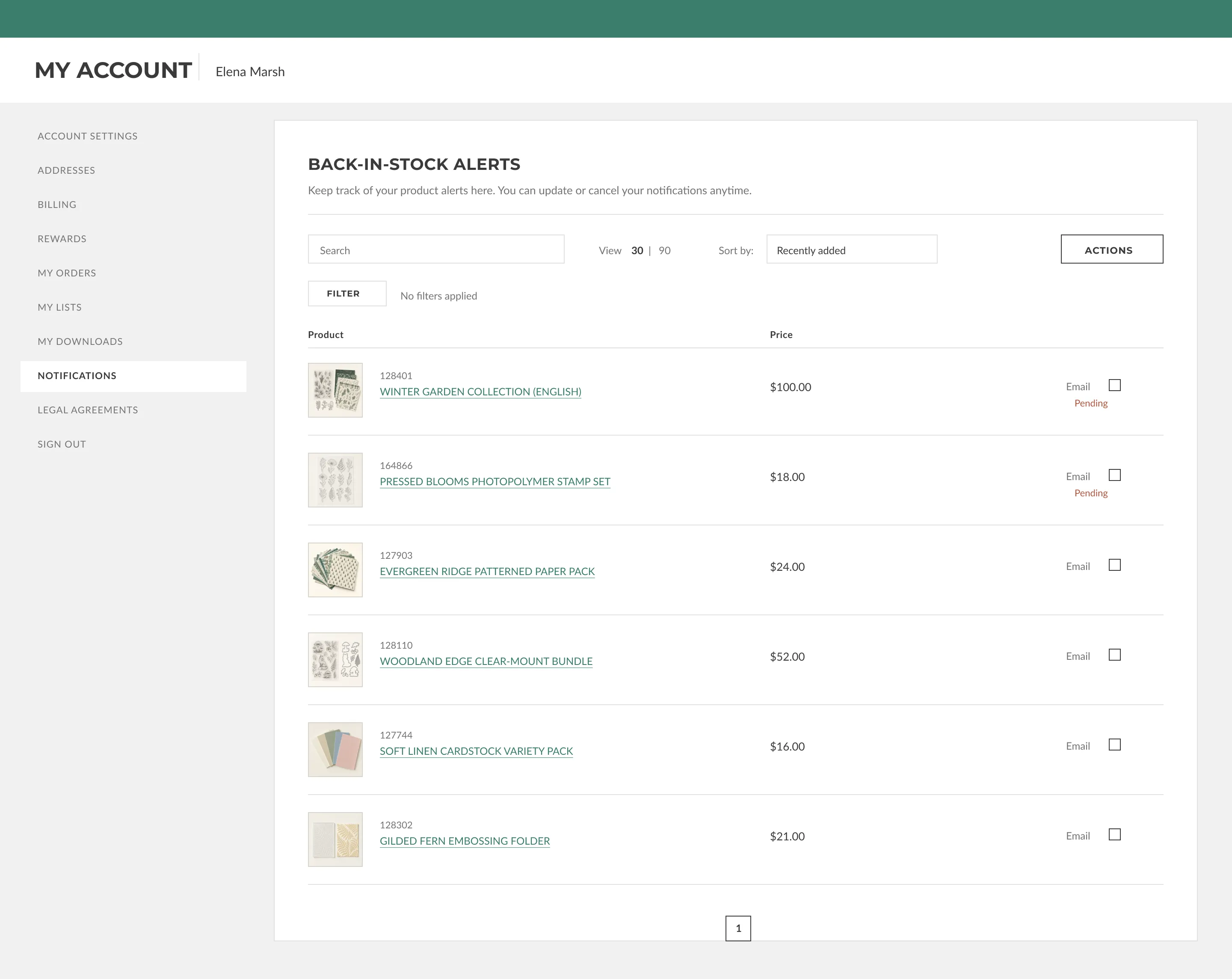 The account's back-in-stock alerts page, listing every followed product with a per-product email toggle and two subscriptions still marked Pending.