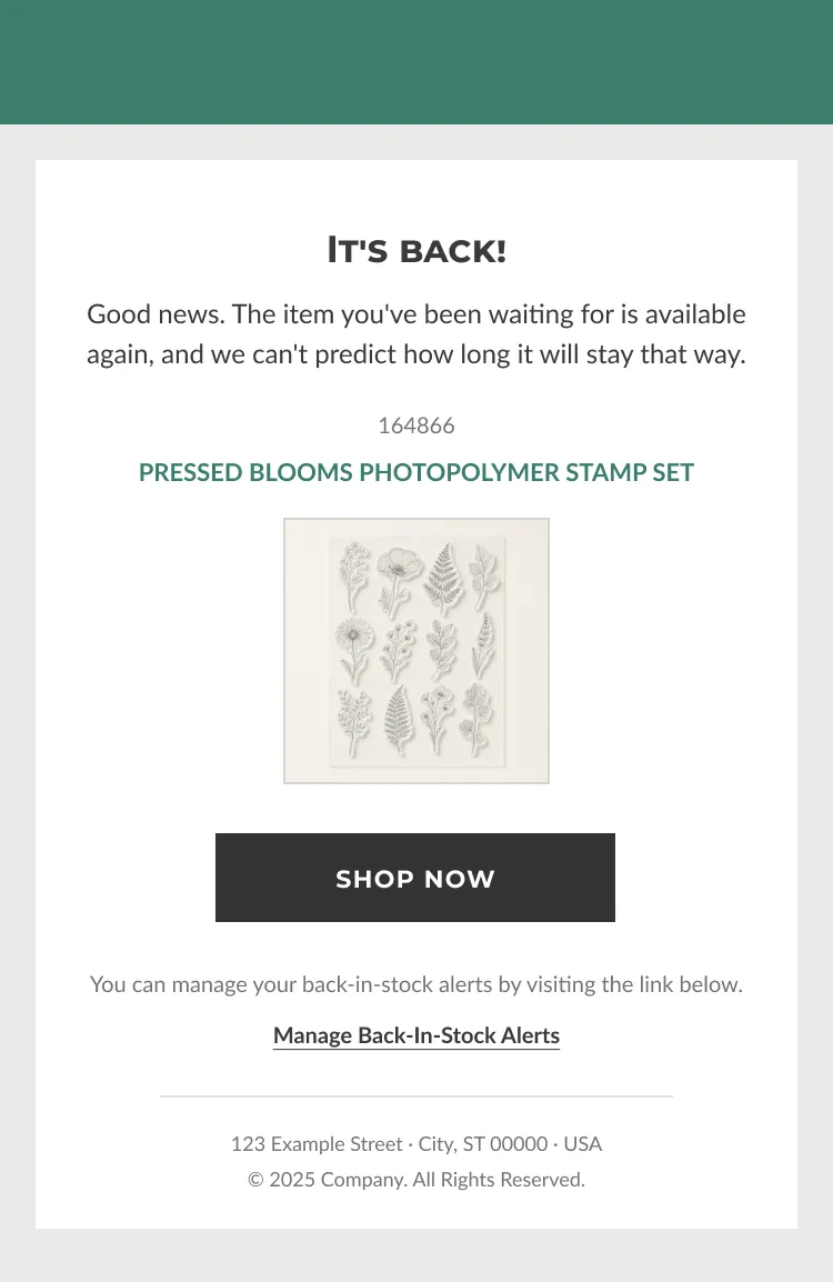 Restock email on a phone announcing the item is back, with a Shop Now button.