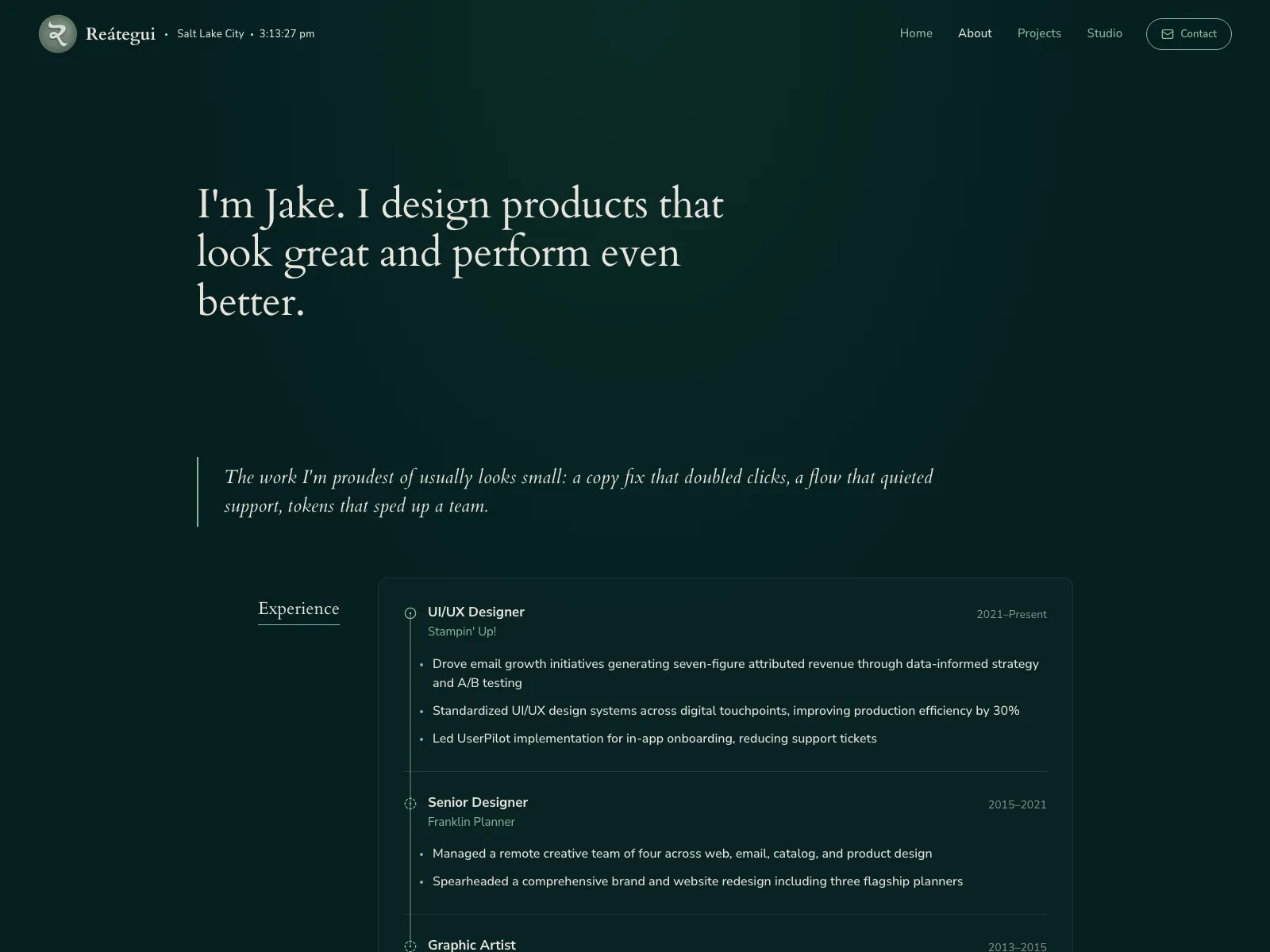 About page with editorial layout and experience timeline.