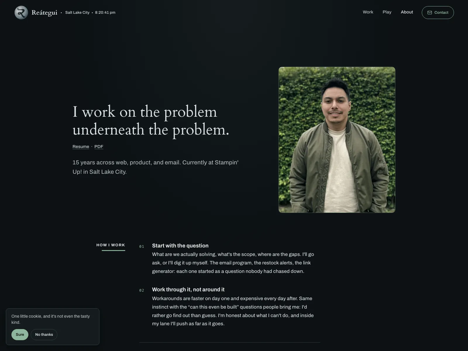 About page with editorial layout and experience timeline.