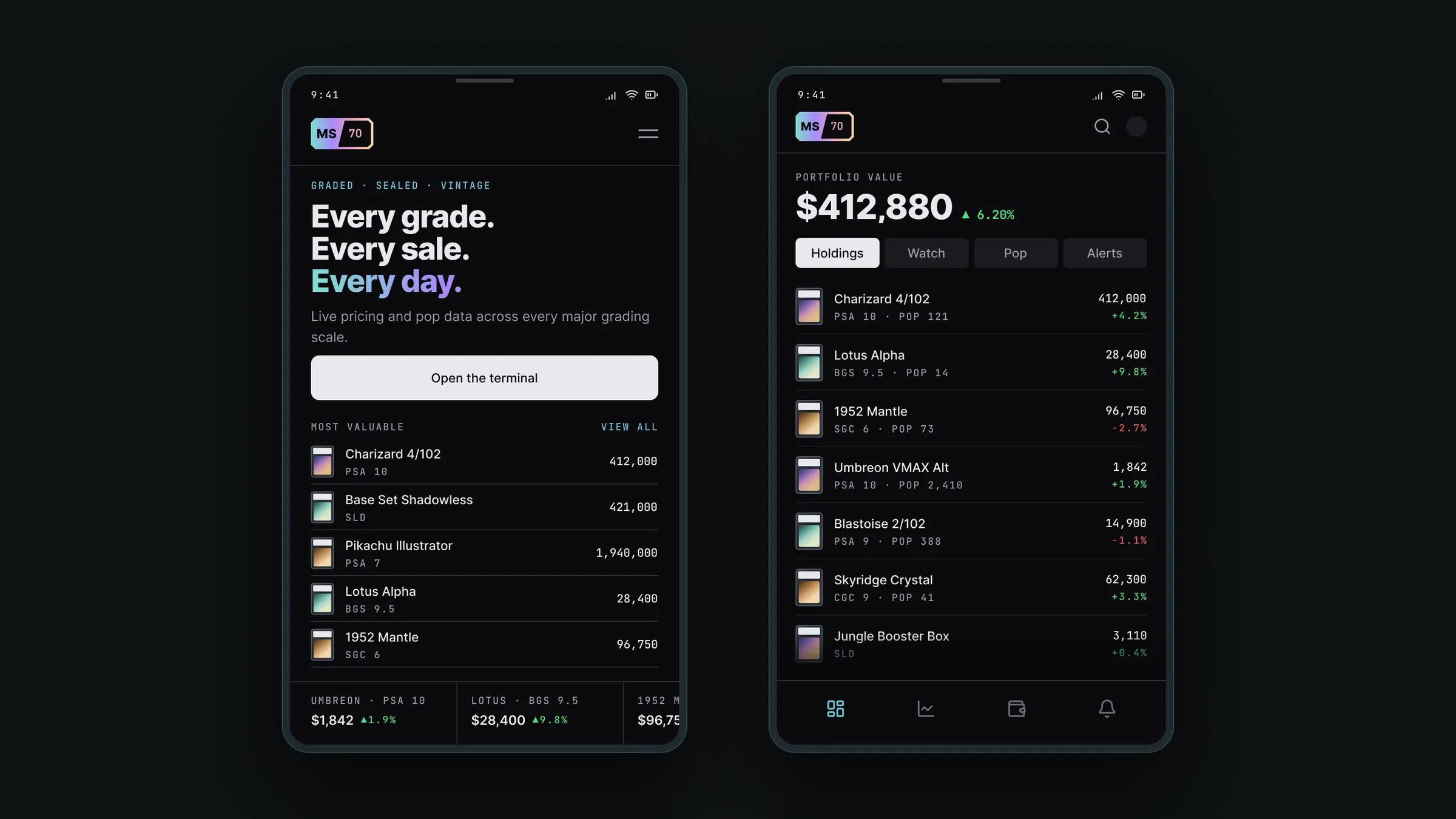 Two phone screens side by side: the marketing page with a stacked headline and a most valuable list, and the terminal with the portfolio value above a holdings list that runs behind a pinned tab bar.