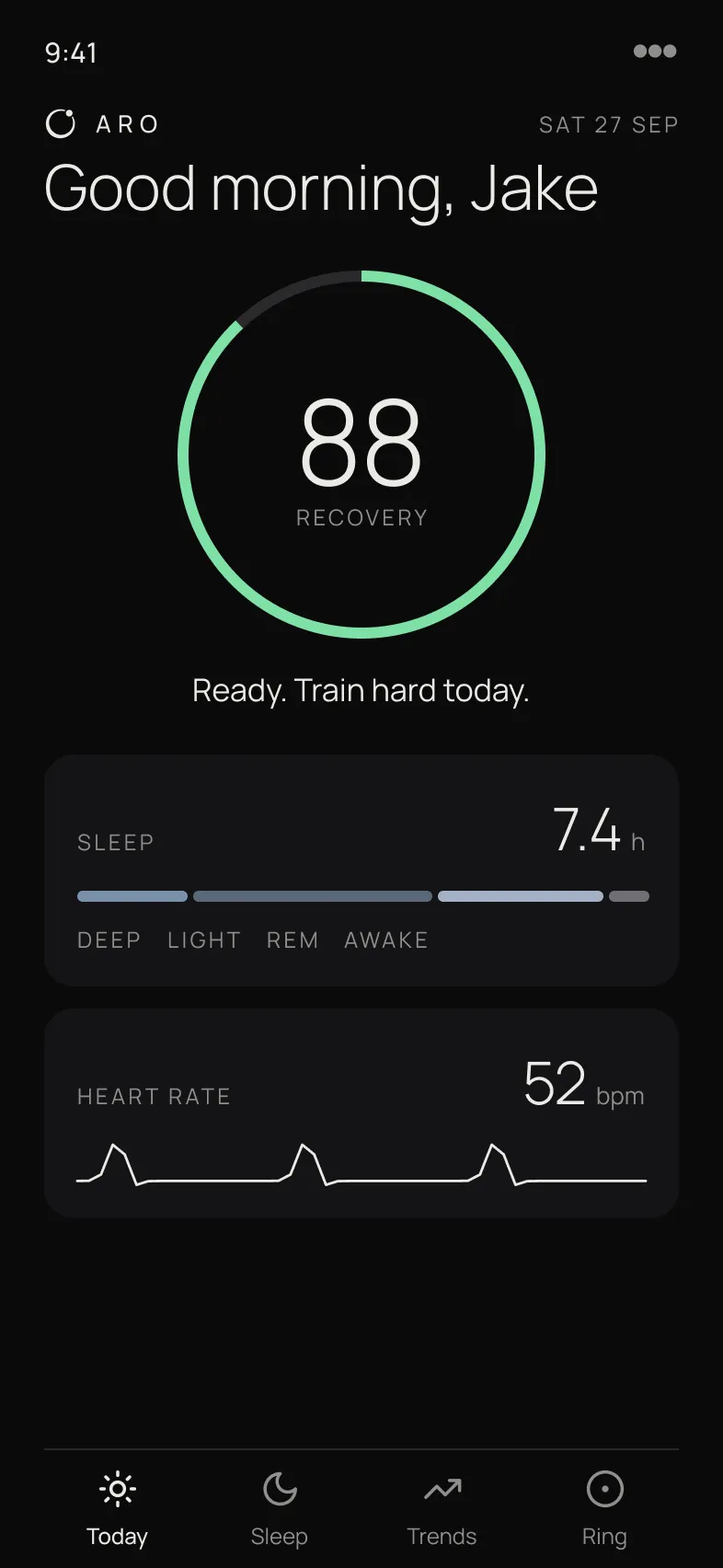 Aro app, Today screen: a recovery score of 88 in a ring, a sleep card with stages, a heart-rate card, and a four-tab bar