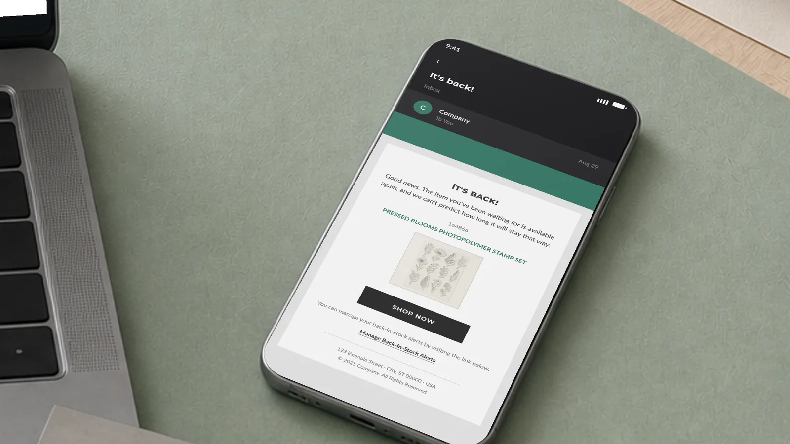 A phone on a craft bench showing the back-in-stock alert email: an It's back subject line, the restocked product, and a Shop Now button. A faithful recreation under a stand-in brand.