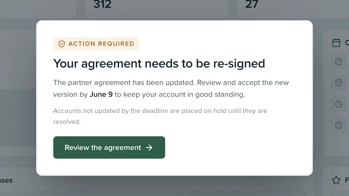 Close crop of the in-portal notice: an Action required badge, Your agreement needs to be re-signed, a June 9 deadline, and a single Review the agreement button.
