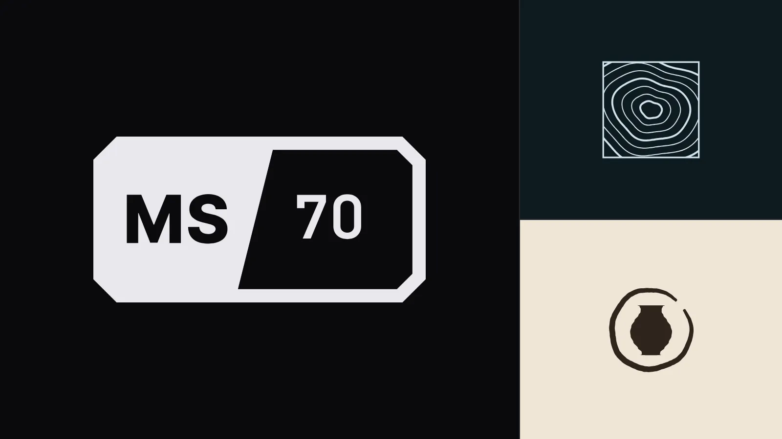 Three marks side by side: a light MS slash 70 badge on black, a white contour square on deep blue, and a brushed pot inside a ring on warm paper.