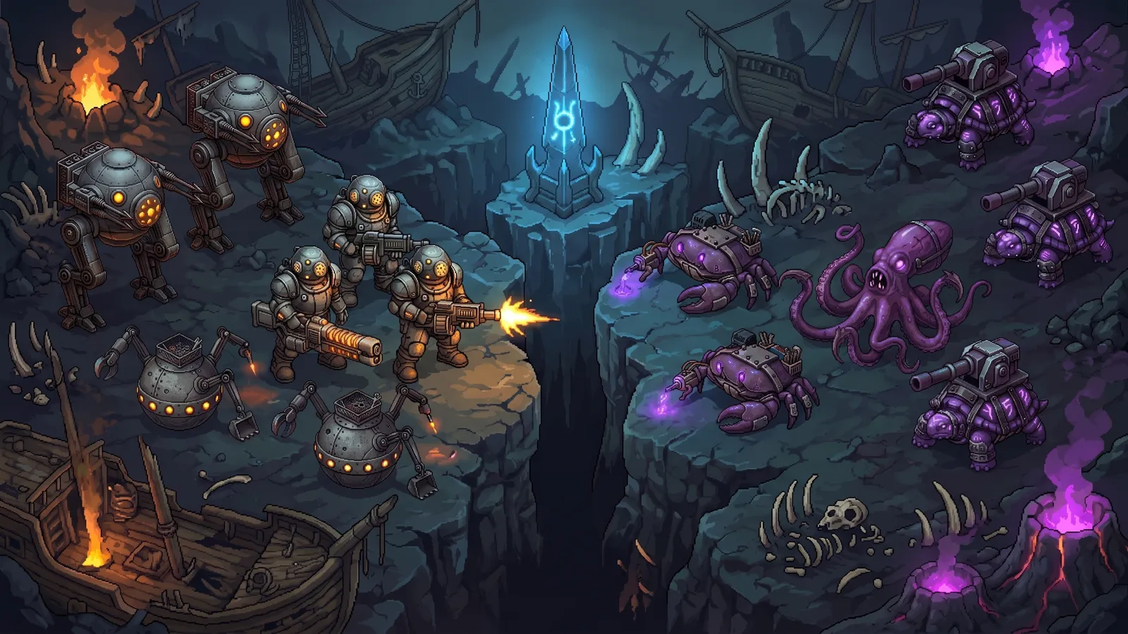 Pixel-art key art of an underwater battle: diving-bell walkers and infantry face an octopus, crabs, and siege turtles across a trench, beneath a glowing obsidian spire.