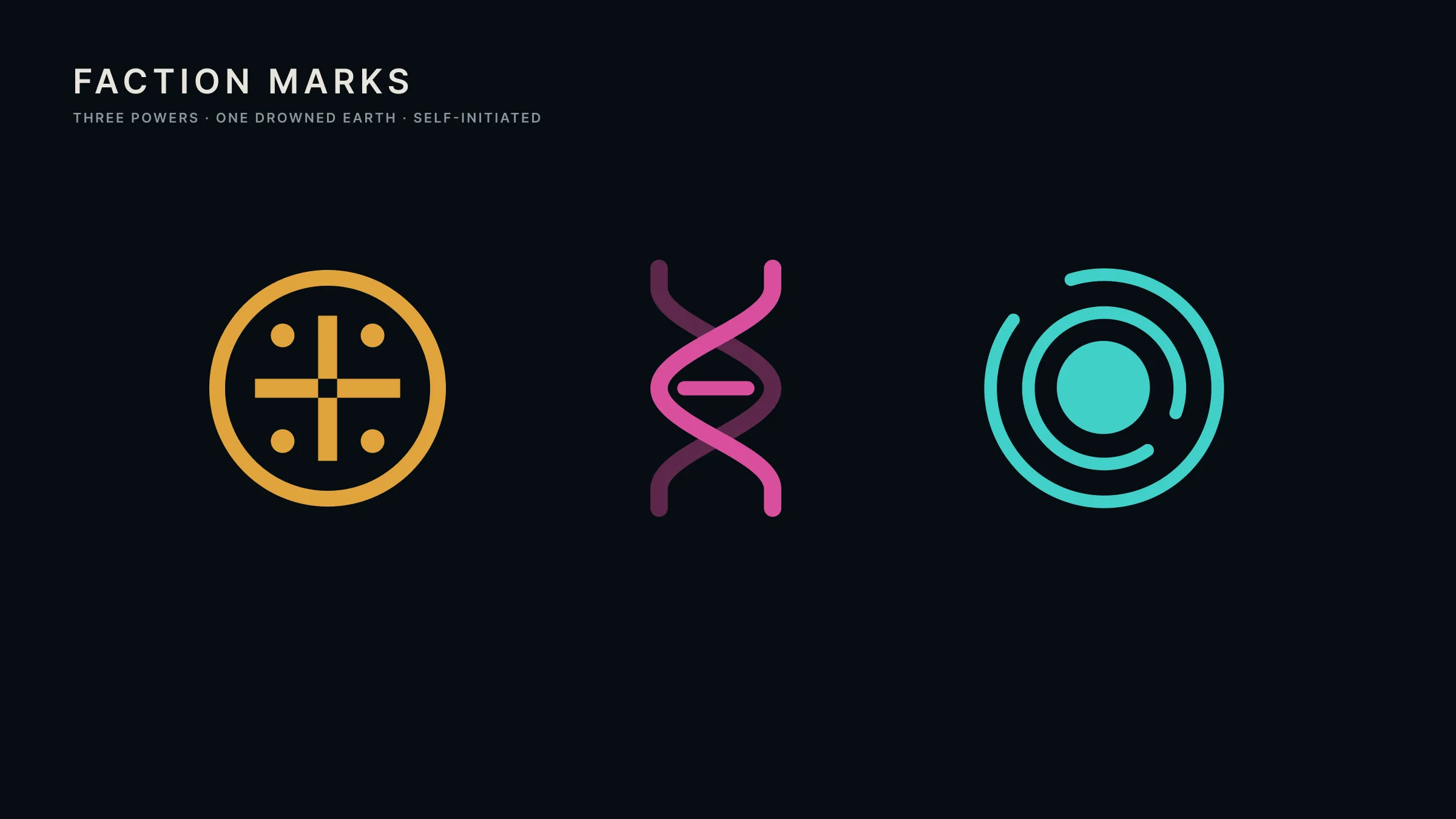 Faction marks board: an amber porthole ring with a keel cross, a pink double helix with a snapped rung, and a teal ringed eye.