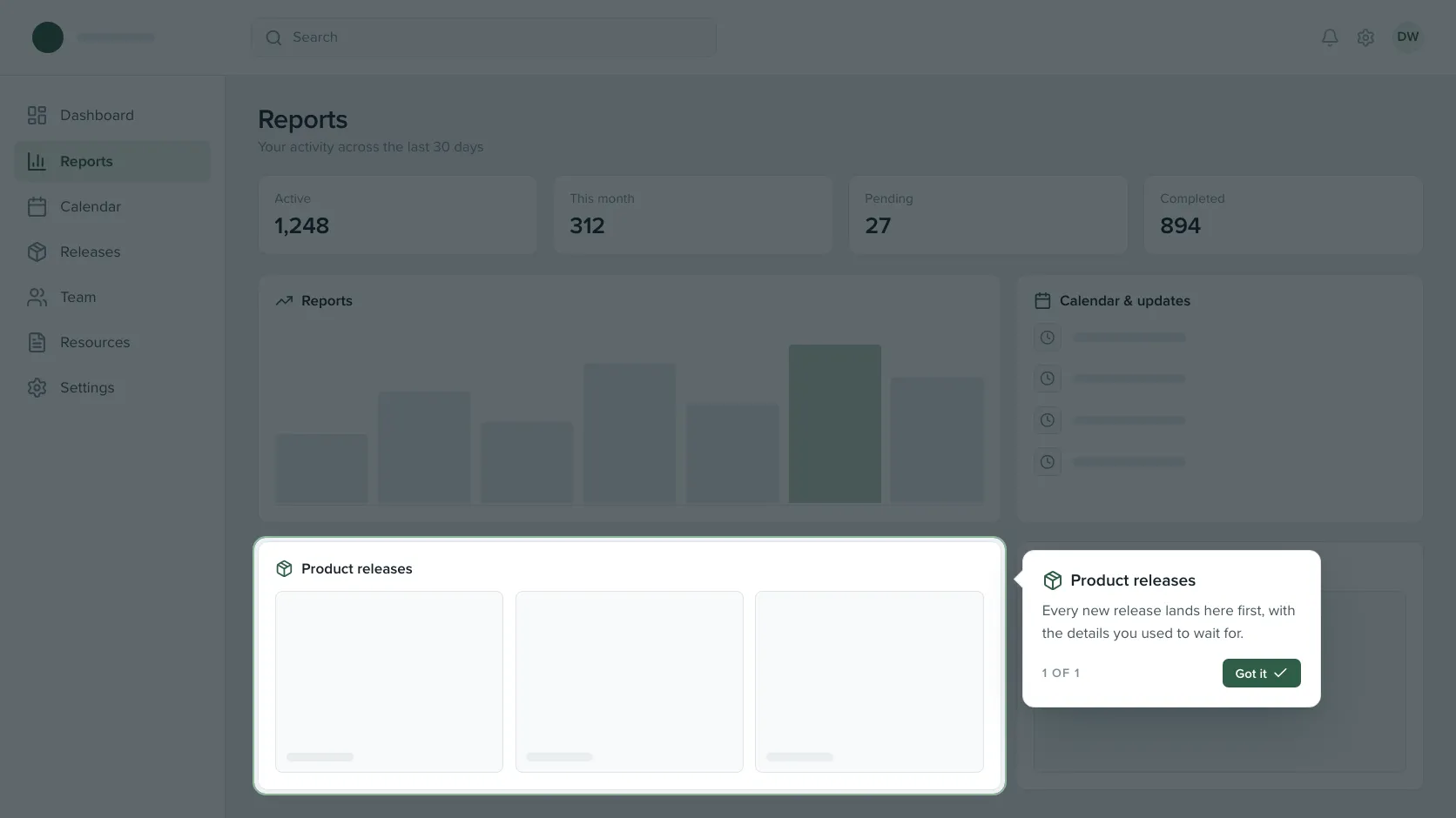 The product releases panel lit inside a dimmed page, with a tooltip anchored beside it explaining what the panel does
