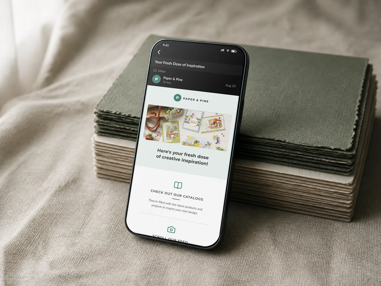 Email 2, Get Inspired, project ideas and creative techniques shown on a phone in the same propped scene