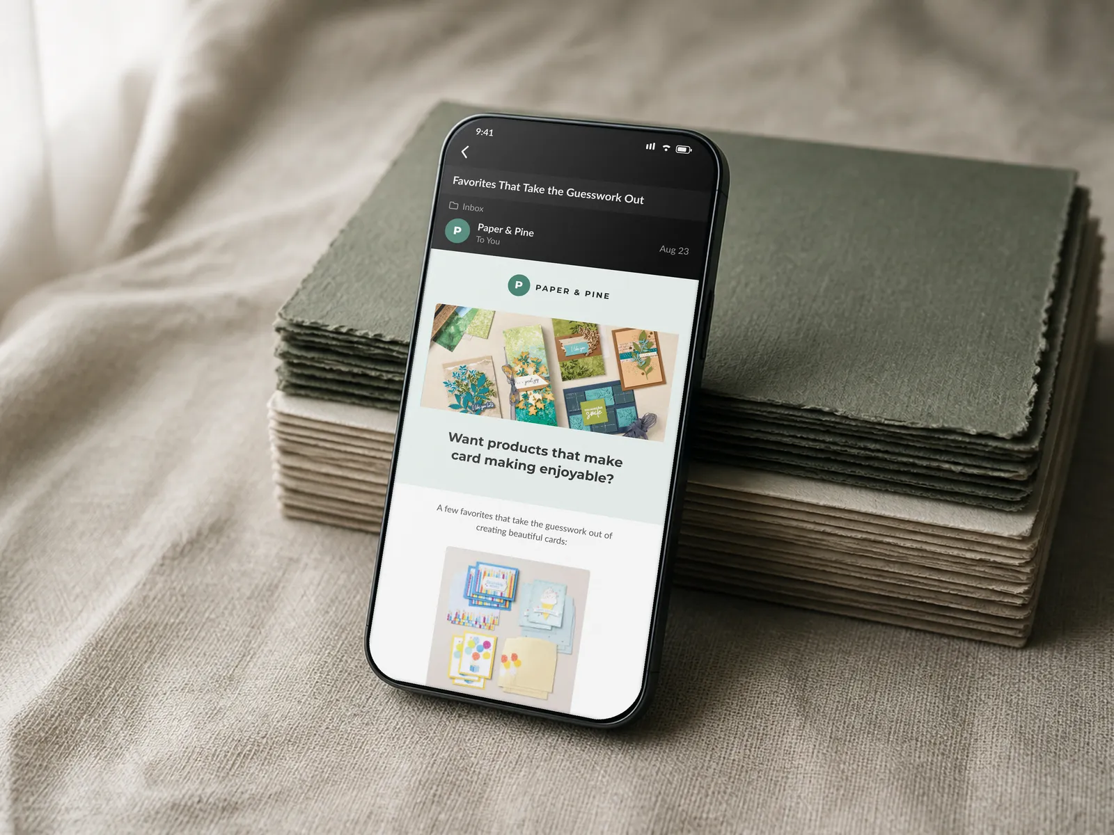 Email 3, Products, a curated look at tools and materials shown on a phone in the same propped scene