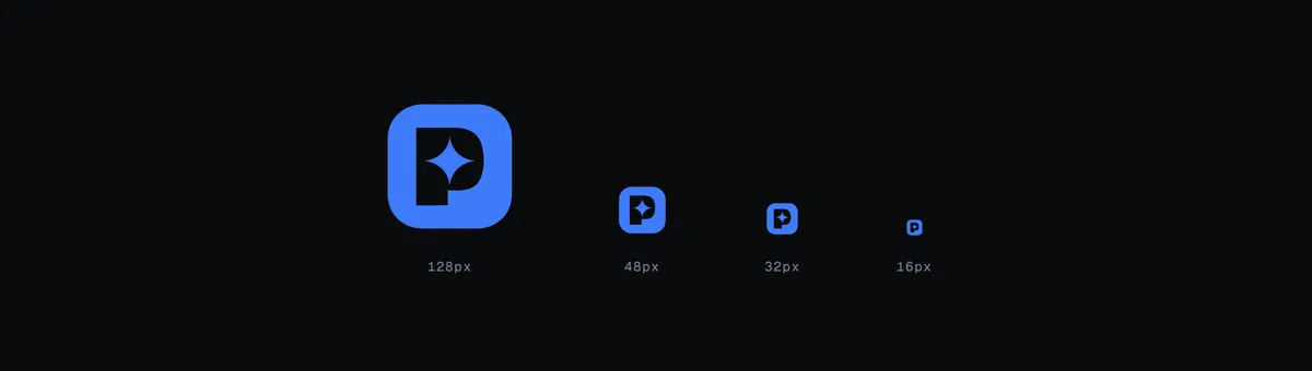 The shipped mark rendered at 128, 48, 32 and 16 pixels. The blue tile, the ink letterform and the star counter all stay legible down to the favicon size the earlier marks failed at.