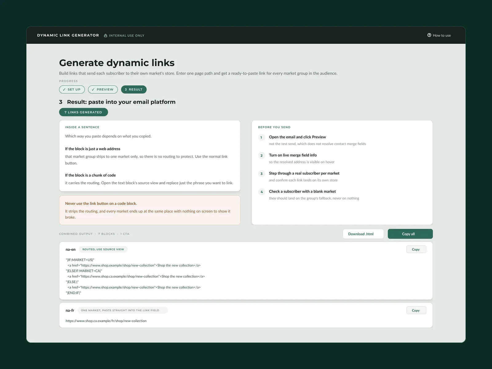 The result step. Each output block is labelled either routed, use source view, or one market, paste straight into the link field. Beside it, a checklist for verifying in preview before sending, and a warning that the platform's link button strips the routing.