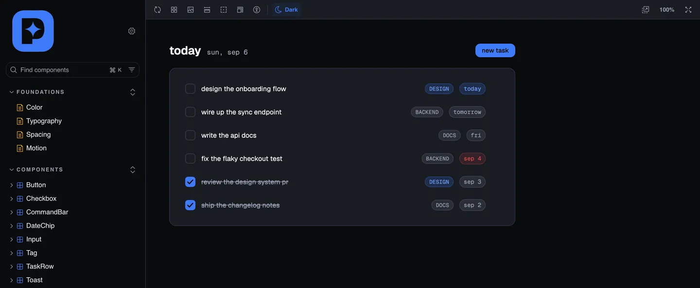 The published Storybook: the Pathfinder mark in the sidebar, the component library listed, and the today view composed from real coded components.