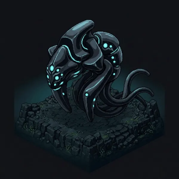 Looping animation of the colossus drifting, eyes blinking in sequence.