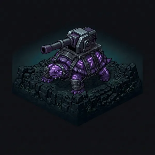 Looping animation of the siege turtle lumbering, turret rotating.