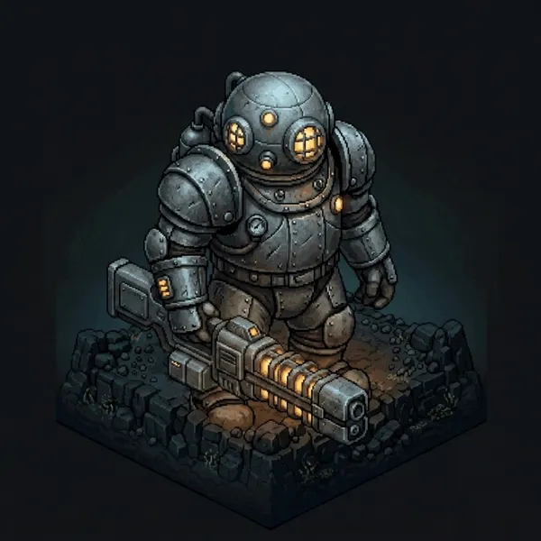 Looping animation of the diving-bell trench infantry marching with its gauss rifle.