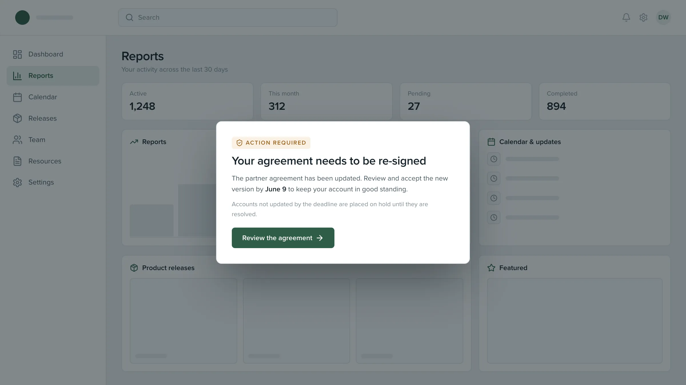 A centered notice on a dimmed product portal reading Action required, Your agreement needs to be re-signed, with a June 9 deadline and a single Review the agreement button