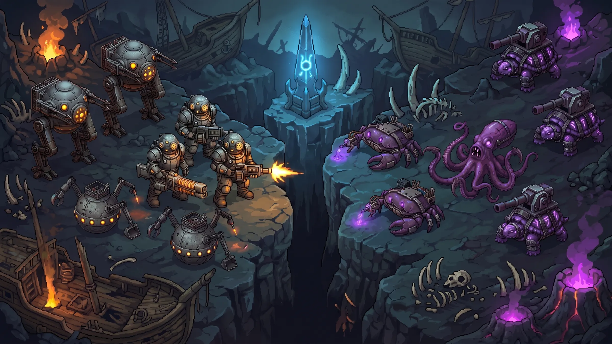 Wide pixel-art key art of the Deep Pressure battle across a seafloor trench, all three factions lit by their own lights.