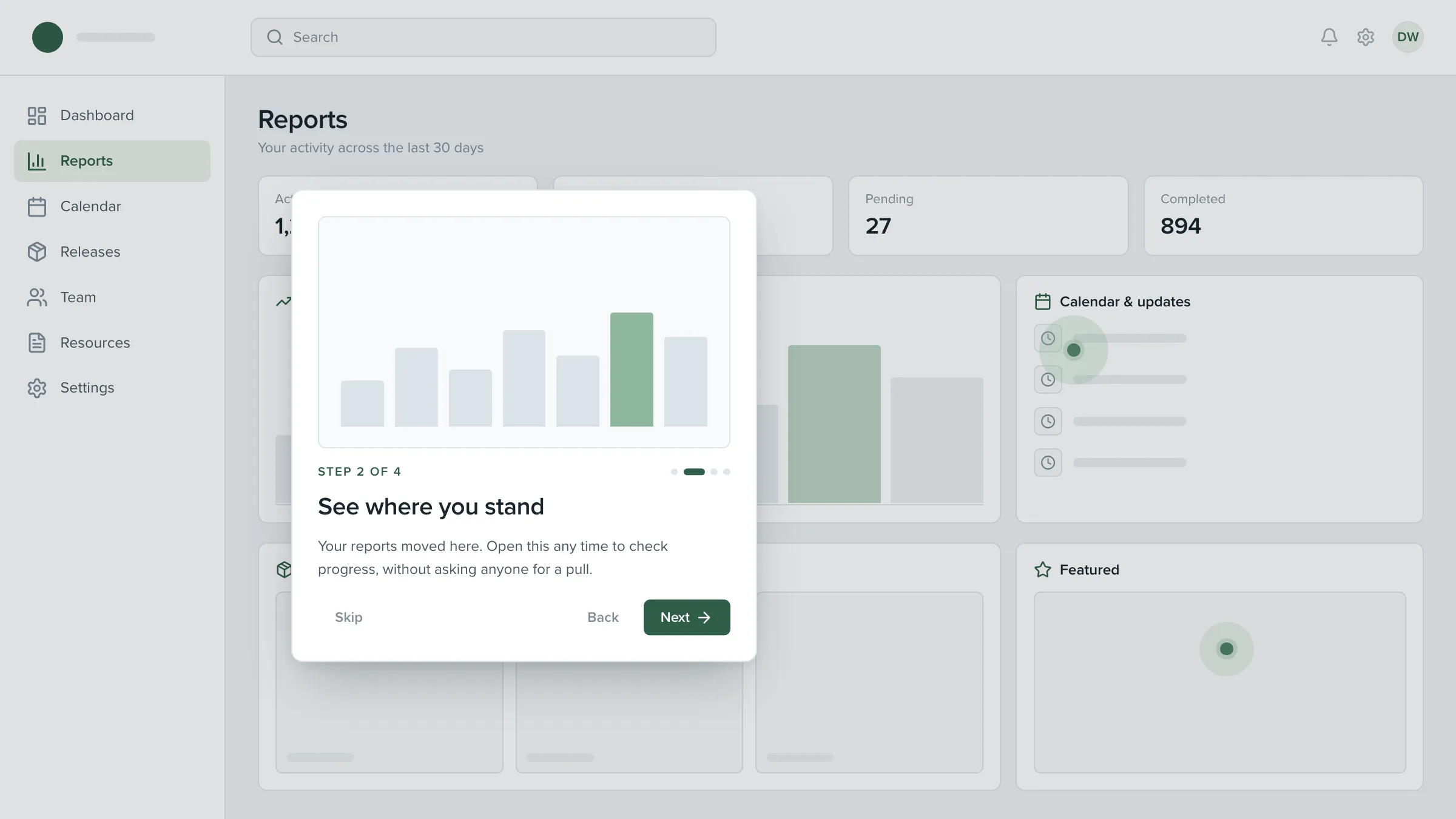 A light product portal dimmed behind a tour slide reading Step 2 of 4, See where you stand, with two guidance beacons marking regions of the page