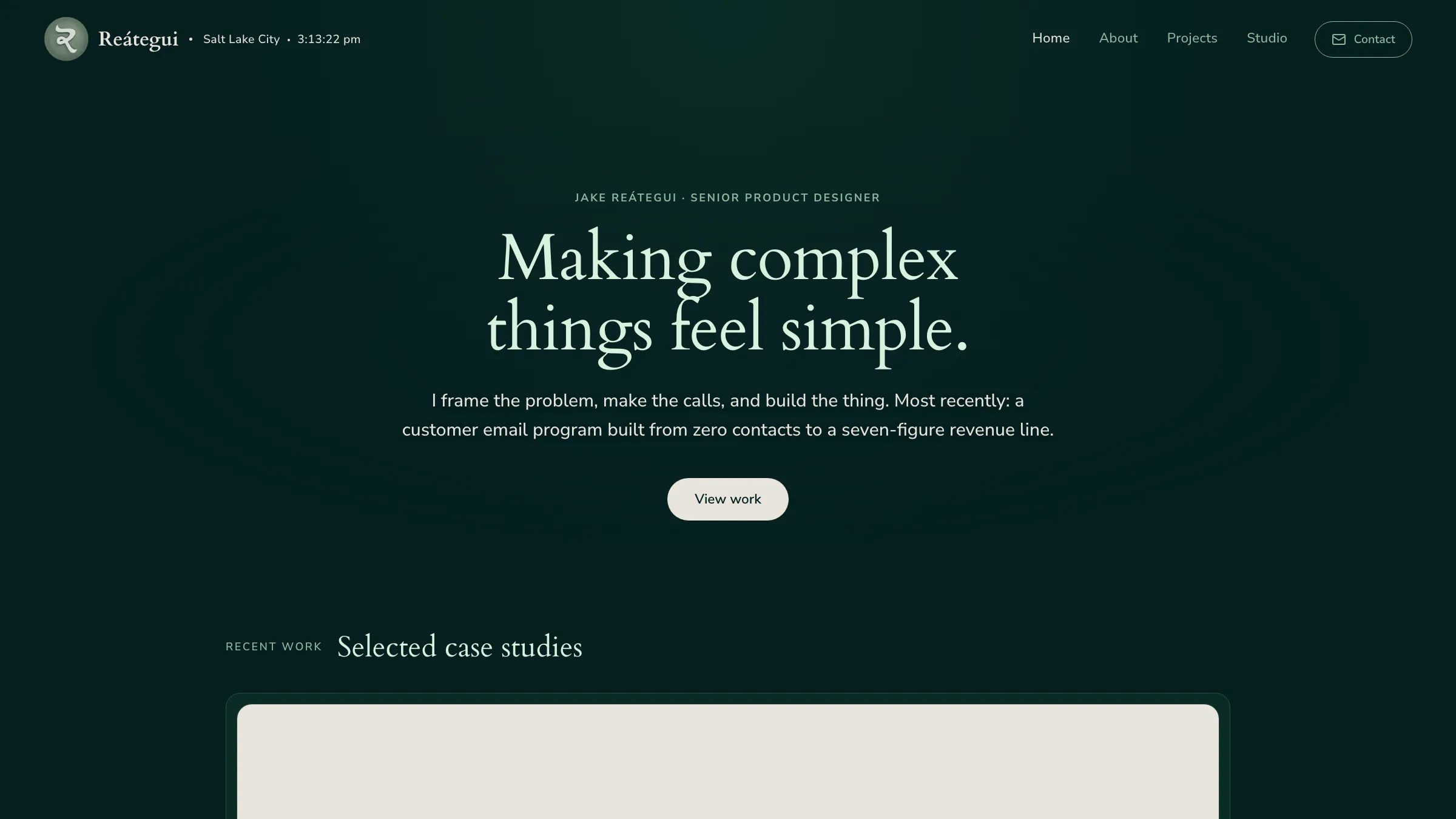 Home page of jakereategui.com with hero, navigation, and featured work.