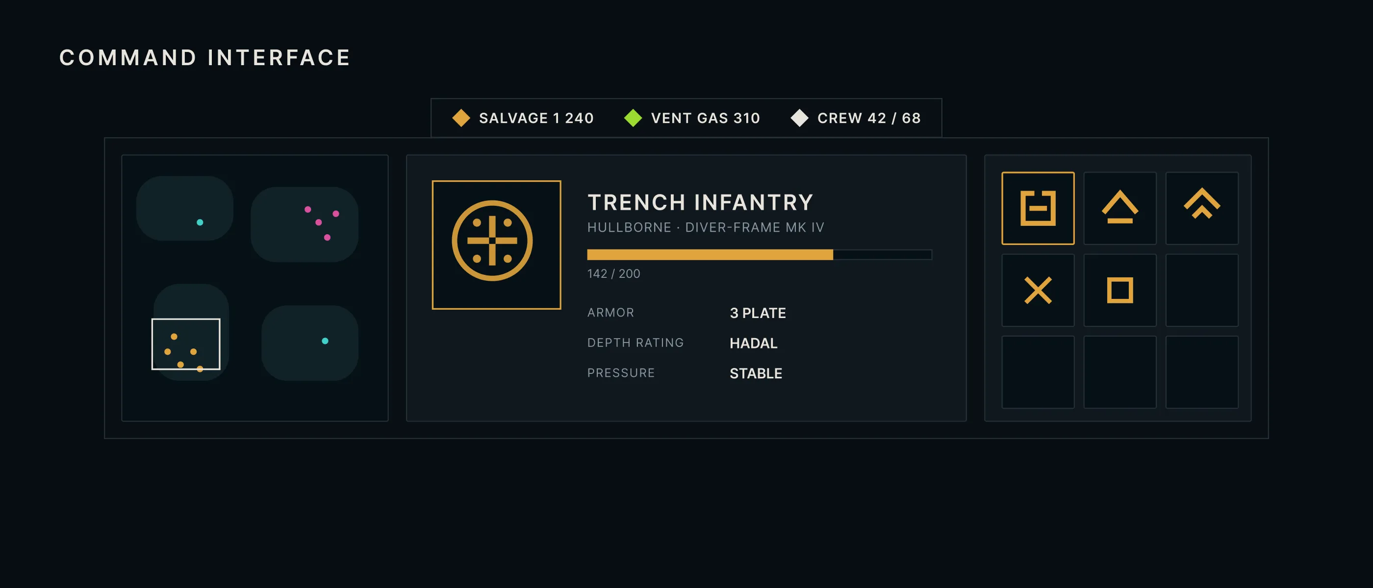 RTS command interface with minimap, unit panel showing a trench infantry portrait, and a three by three command card.