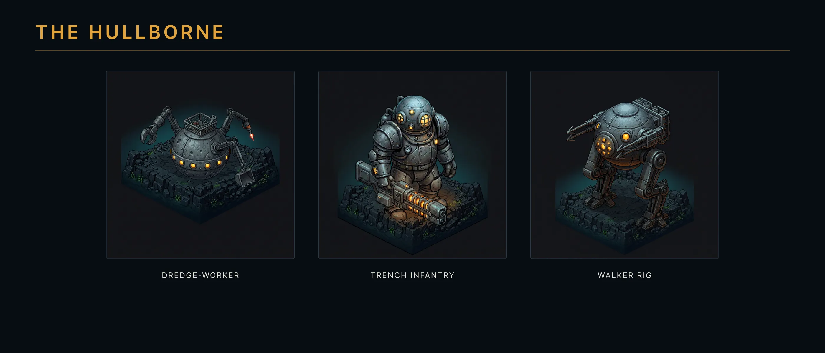 Three pixel-art Hullborne units on basalt bases: a spherical dredge drone with work arms, a diving bell soldier, and a walking pressure pod.