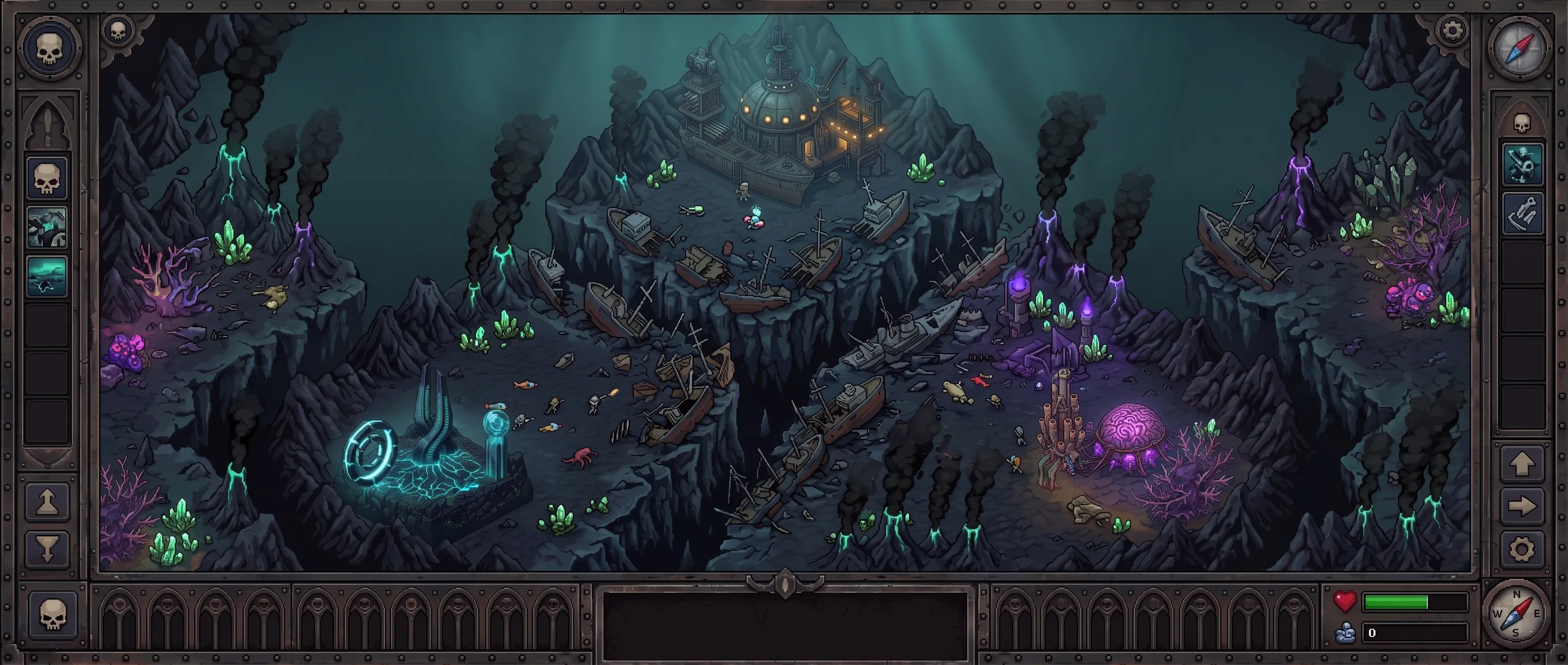 The Triangle battle map inside its full game overlay: riveted frame, skull buttons, compass roses, and a console with health bar and resource counter.