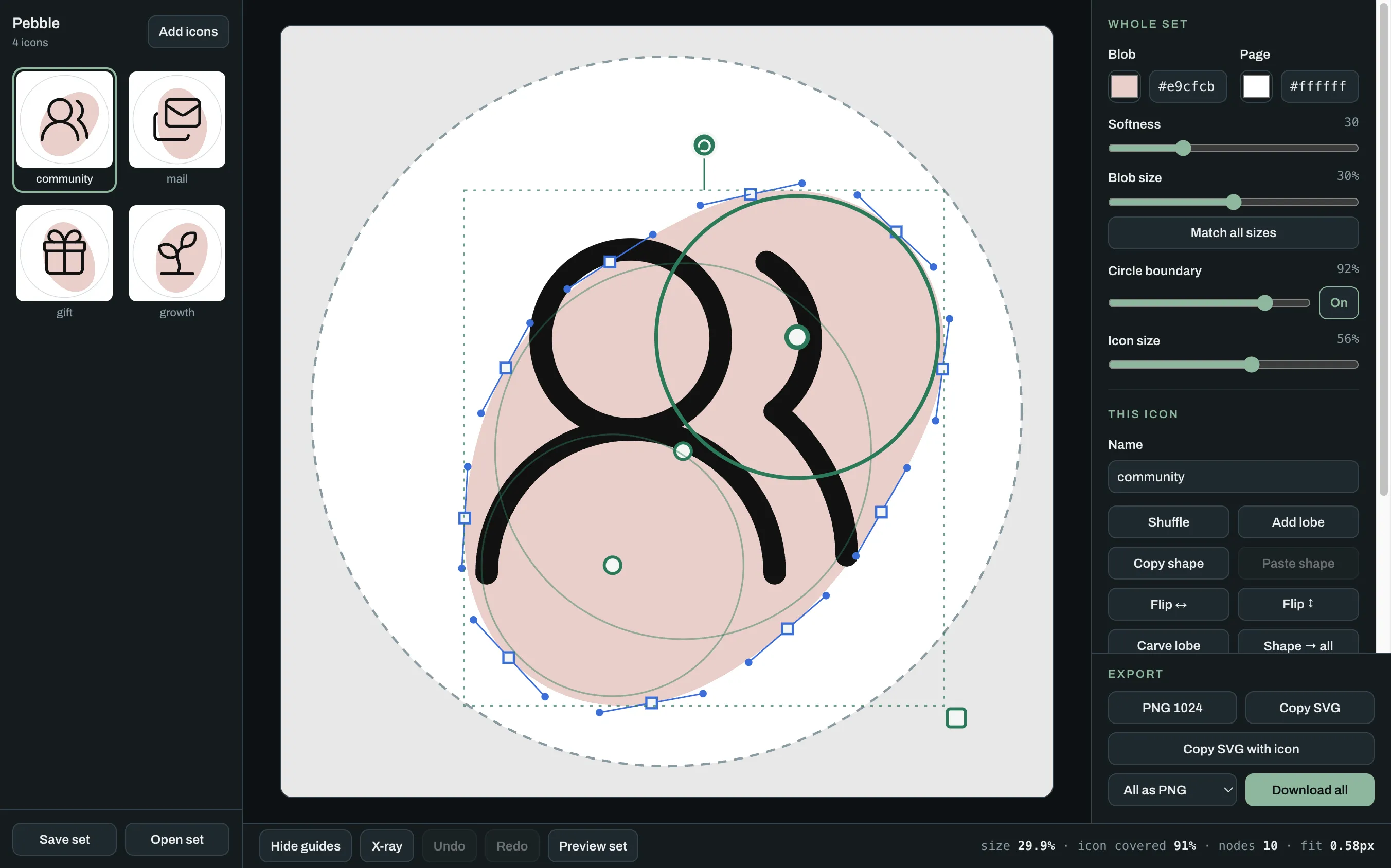 Pebble's X-ray view, showing the lobes as circles and the fitted path with its nodes and handles