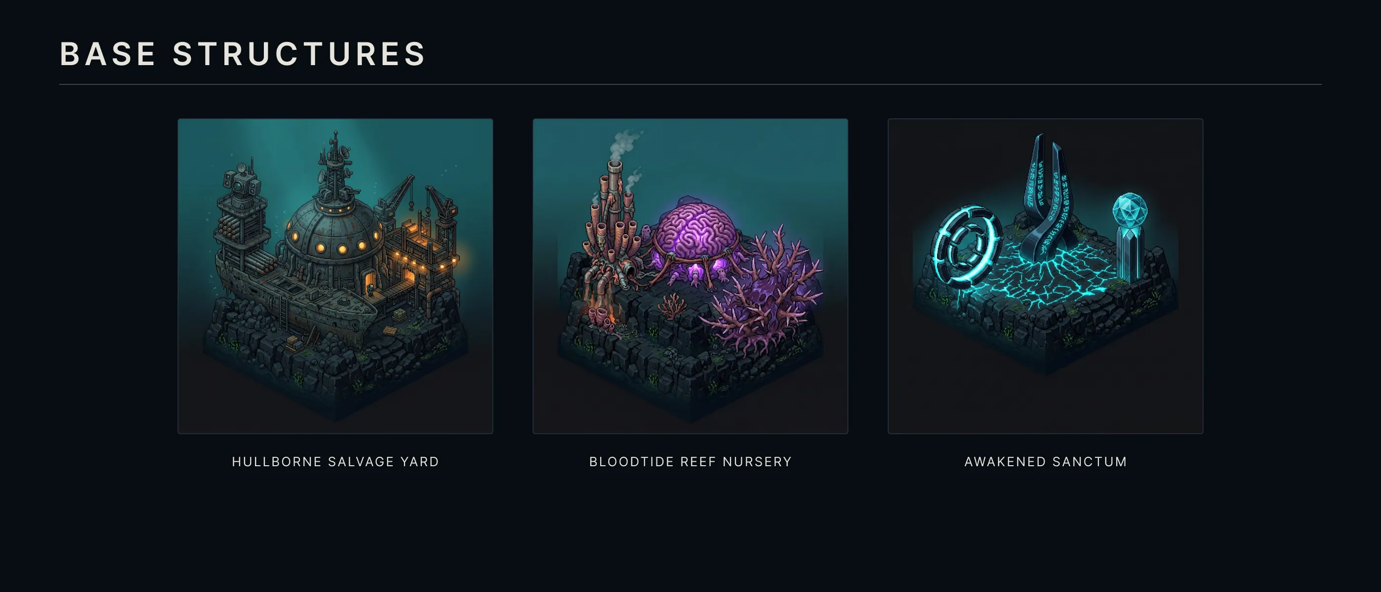 Three base structures: a submarine hull headquarters with a diving bell dome, a brain coral nursery over a heat vent, and an obsidian monolith with a glowing ring.